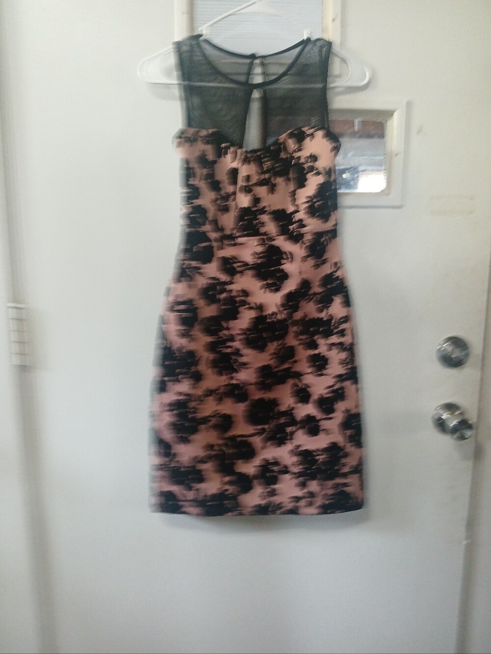 Sleeveless Pink Floral Sheath Dress with Black Lace Yoke